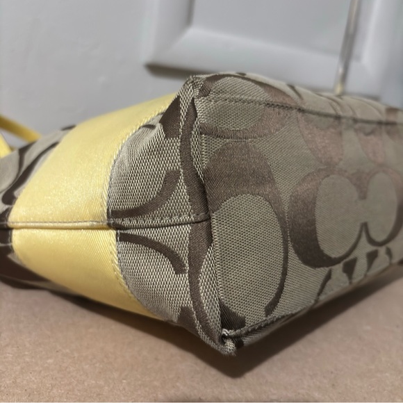 Coach Signature Canvas Yellow Stripe Leather Trim Shoulder Tote Trapezoid Bag - Picture 9 of 15